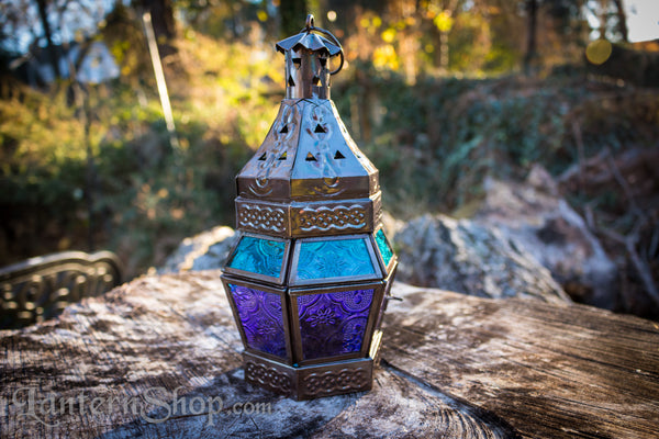 Bronze turquoise and purple lantern