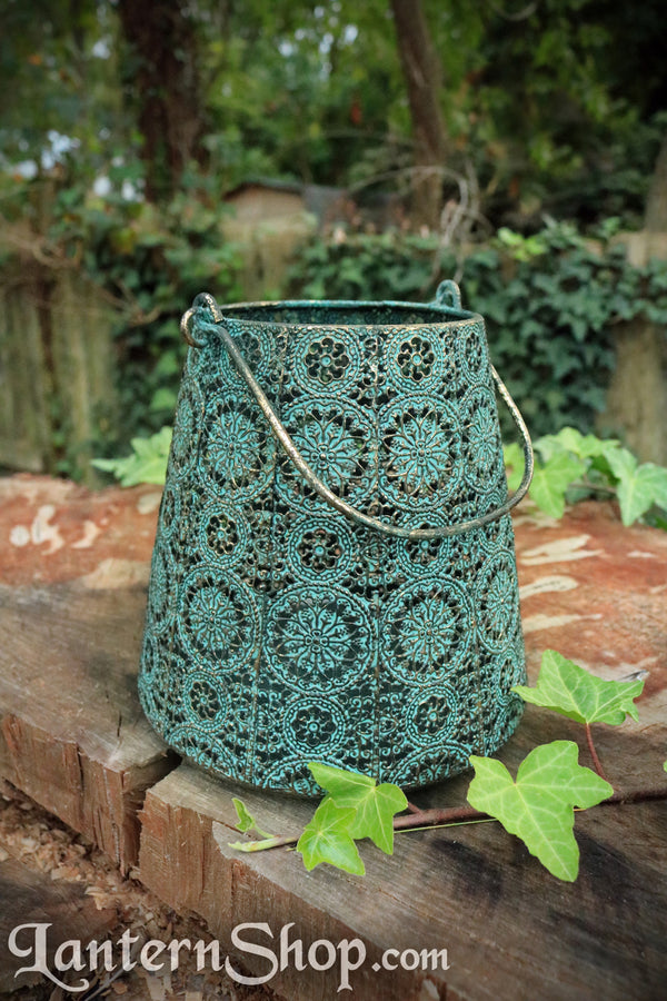 Antique copper flowers basket lantern - large
