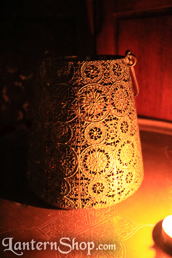 Antique copper flowers basket lantern - large